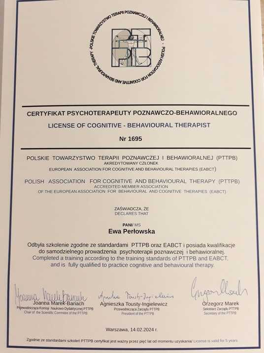 Certyfikat Psychoterapeuty CBT nr 1695 - Ewa Perłowska